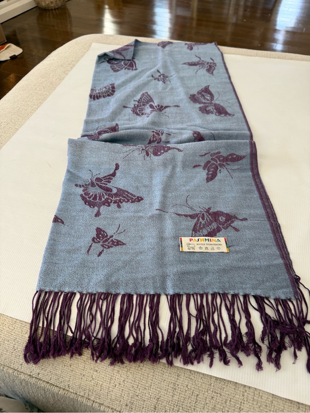 Pashmina Blue Purple Silk Blend Scarf Shawl Wrap with Butterfly Motif